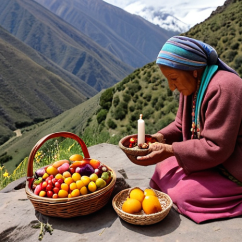 Home 19 **
A serene shamanic sanctuary nestled in the Andes mountains. A woman in simple, earth-toned clothing respectfully places a basket of colorful local fruits as an offering at a stone altar adorned with flowers and candles. In the background, an elder gently guides another visitor, emphasizing the sacredness of the space. Capture the feeling of reverence and connection to nature.
**