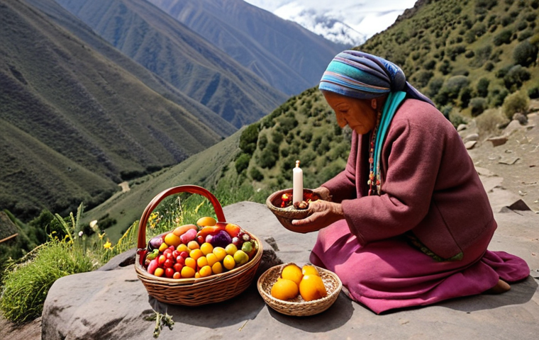 **
A serene shamanic sanctuary nestled in the Andes mountains. A woman in simple, earth-toned clothing respectfully places a basket of colorful local fruits as an offering at a stone altar adorned with flowers and candles. In the background, an elder gently guides another visitor, emphasizing the sacredness of the space. Capture the feeling of reverence and connection to nature.
**