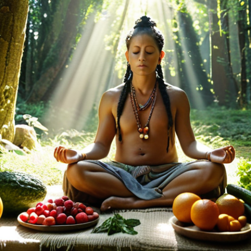 Home 18 **Prompt:** A serene shaman meditating in a sunlit forest clearing, surrounded by an array of fresh fruits, vegetables, and herbs. The scene should evoke a sense of natural abundance and spiritual connection. The lighting should be soft and ethereal.