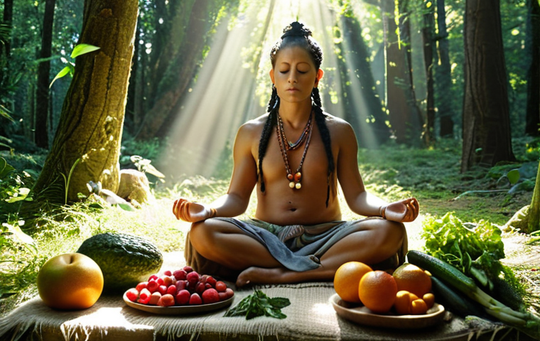 **Prompt:** A serene shaman meditating in a sunlit forest clearing, surrounded by an array of fresh fruits, vegetables, and herbs. The scene should evoke a sense of natural abundance and spiritual connection. The lighting should be soft and ethereal.