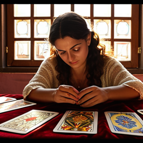 Home 17 **
A brightly lit tarot reading in a cozy, inviting home in Seville, Spain. An experienced-looking *gitana* (Romani woman) with kind eyes lays out the tarot cards on a velvet cloth. Sunlight streams through the window, illuminating the cards and creating an atmosphere of hope and guidance. Soft, traditional Spanish music plays in the background. The overall feeling is one of warmth, trust, and connection to Spanish culture.
**