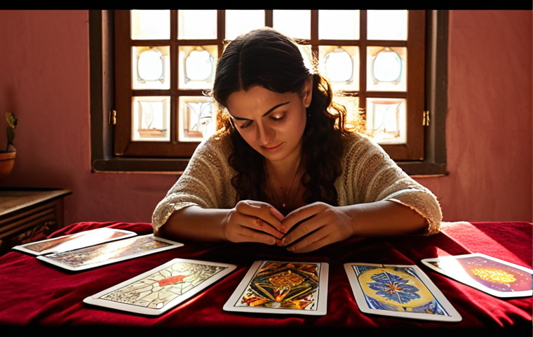 **
A brightly lit tarot reading in a cozy, inviting home in Seville, Spain. An experienced-looking *gitana* (Romani woman) with kind eyes lays out the tarot cards on a velvet cloth. Sunlight streams through the window, illuminating the cards and creating an atmosphere of hope and guidance. Soft, traditional Spanish music plays in the background. The overall feeling is one of warmth, trust, and connection to Spanish culture.
**