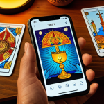 **Digital Tarot Reading:** A close-up, vibrant image of a smartphone displaying a tarot card spread with glowing, animated cards. The background should subtly suggest a modern, minimalist living space in Spain, with a hint of warm, ambient light. Focus on the intricate details of the tarot cards and the screen's interface.