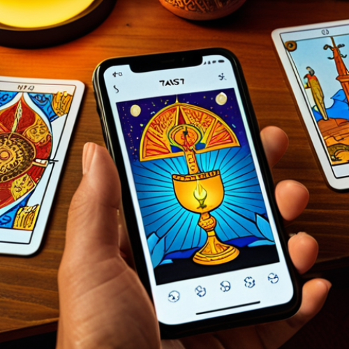 Home 8 **Digital Tarot Reading:** A close-up, vibrant image of a smartphone displaying a tarot card spread with glowing, animated cards. The background should subtly suggest a modern, minimalist living space in Spain, with a hint of warm, ambient light. Focus on the intricate details of the tarot cards and the screen's interface.