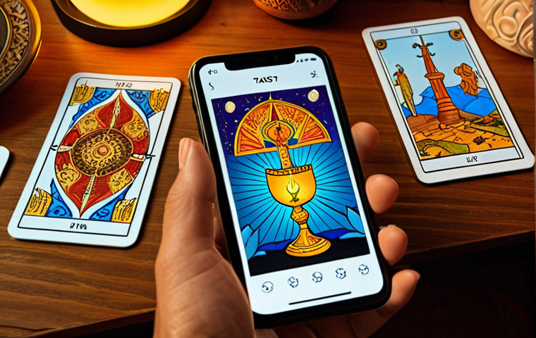 **Digital Tarot Reading:** A close-up, vibrant image of a smartphone displaying a tarot card spread with glowing, animated cards. The background should subtly suggest a modern, minimalist living space in Spain, with a hint of warm, ambient light. Focus on the intricate details of the tarot cards and the screen's interface.