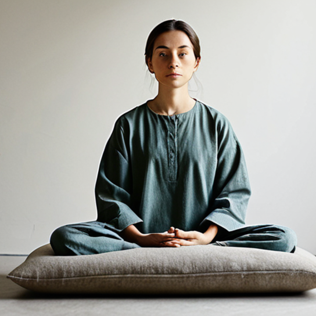 A serene and focused participant in a sacred space, sitting upright in a natural, meditative pose on a comfortable cushion. The subject is wearing modest, earthy-toned, loose-fitting clothing, fully clothed with appropriate attire. The environment is a simple, minimalist room with soft, diffused natural light filtering through, creating a calm and contemplative atmosphere. There are subtle, non-religious decorative elements like smooth stones or a single natural plant. The overall image conveys a sense of deep personal intention and quiet introspection. safe for work, appropriate content, family-friendly, perfect anatomy, correct proportions, well-formed hands, natural body proportions, professional photography, high quality.