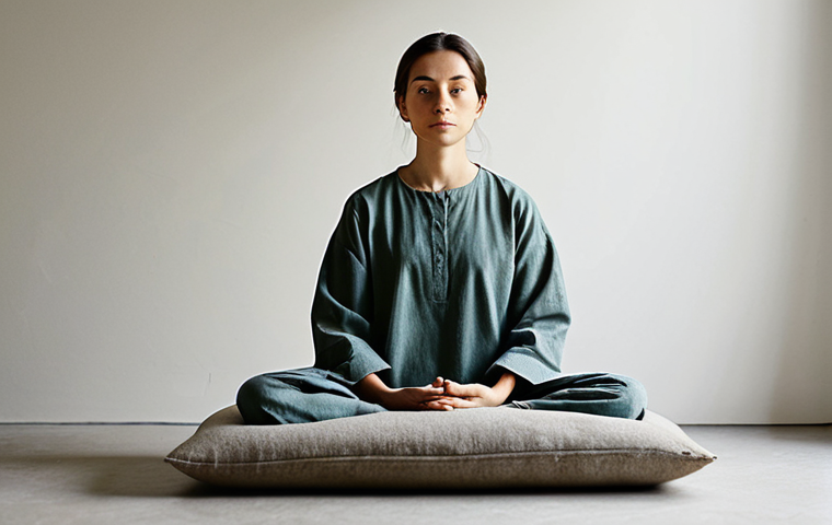 A serene and focused participant in a sacred space, sitting upright in a natural, meditative pose on a comfortable cushion. The subject is wearing modest, earthy-toned, loose-fitting clothing, fully clothed with appropriate attire. The environment is a simple, minimalist room with soft, diffused natural light filtering through, creating a calm and contemplative atmosphere. There are subtle, non-religious decorative elements like smooth stones or a single natural plant. The overall image conveys a sense of deep personal intention and quiet introspection. safe for work, appropriate content, family-friendly, perfect anatomy, correct proportions, well-formed hands, natural body proportions, professional photography, high quality.