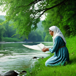 Respect for Nature & Invocation**

"A serene landscape depicting a clear, flowing river with lush greenery. A fully clothed woman in modest attire kneels respectfully by the riverbank, gently releasing a small, biodegradable offering into the water. In the background, a faint, ethereal light symbolizes positive energy. Safe for work, appropriate content, professional illustration, perfect anatomy, correct proportions, natural pose, well-formed hands, proper finger count, natural body proportions, fully clothed, modest clothing, family-friendly."

**