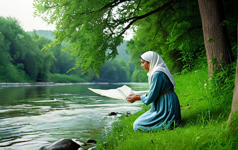 Respect for Nature & Invocation**

"A serene landscape depicting a clear, flowing river with lush greenery. A fully clothed woman in modest attire kneels respectfully by the riverbank, gently releasing a small, biodegradable offering into the water. In the background, a faint, ethereal light symbolizes positive energy. Safe for work, appropriate content, professional illustration, perfect anatomy, correct proportions, natural pose, well-formed hands, proper finger count, natural body proportions, fully clothed, modest clothing, family-friendly."

**