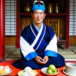 **

"A Korean shaman (mudang) in vibrant, traditional clothing, fully clothed, performing a ritual inside a shindang (shaman shrine). The shindang is filled with colorful textiles, spirit paintings, and offerings of fruit and rice cakes. Soft, natural lighting illuminates the scene, perfect anatomy, natural pose, well-formed hands, proper finger count, safe for work, appropriate content, professional, modest, family-friendly, high resolution, professional photography."

**