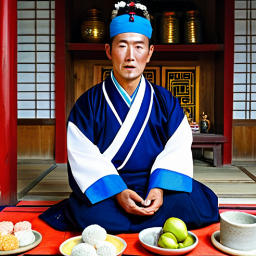 **

"A Korean shaman (mudang) in vibrant, traditional clothing, fully clothed, performing a ritual inside a shindang (shaman shrine). The shindang is filled with colorful textiles, spirit paintings, and offerings of fruit and rice cakes. Soft, natural lighting illuminates the scene, perfect anatomy, natural pose, well-formed hands, proper finger count, safe for work, appropriate content, professional, modest, family-friendly, high resolution, professional photography."

**