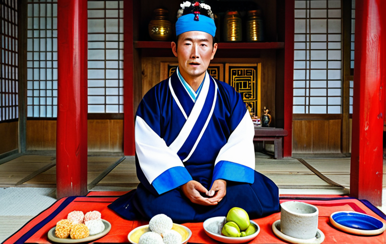 **

"A Korean shaman (mudang) in vibrant, traditional clothing, fully clothed, performing a ritual inside a shindang (shaman shrine). The shindang is filled with colorful textiles, spirit paintings, and offerings of fruit and rice cakes. Soft, natural lighting illuminates the scene, perfect anatomy, natural pose, well-formed hands, proper finger count, safe for work, appropriate content, professional, modest, family-friendly, high resolution, professional photography."

**