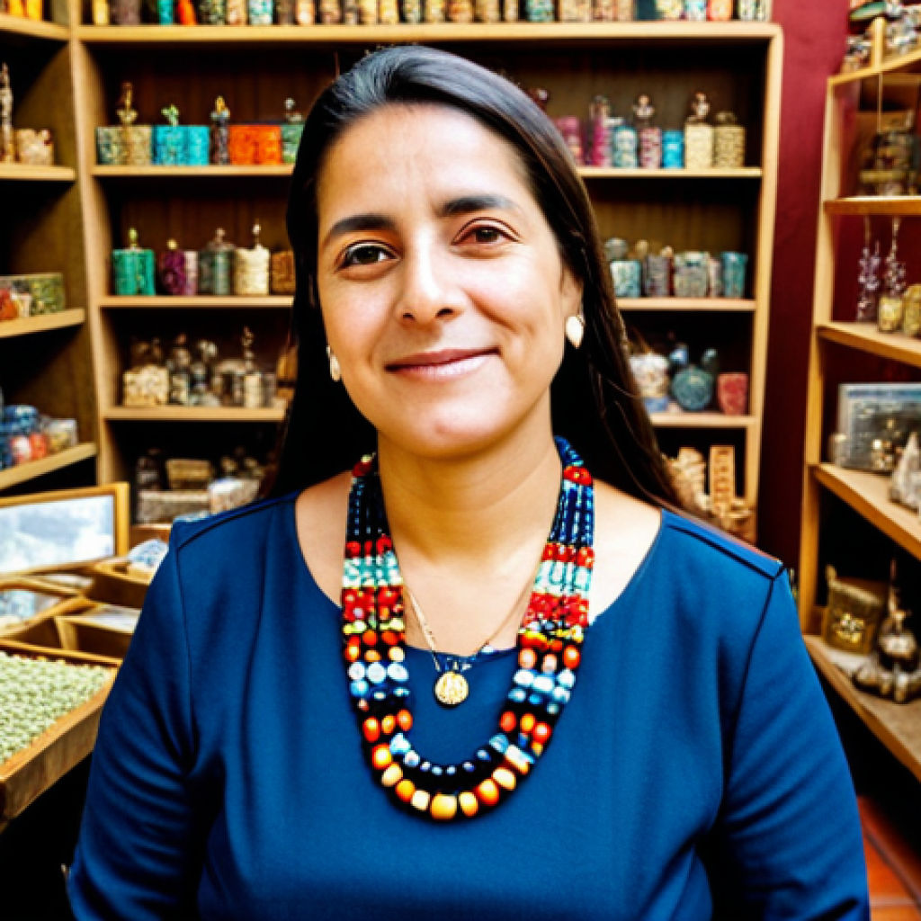 Spanish Woman with Higa Amulet**

A professional Spanish woman, fully clothed in modest attire, wearing a traditional Higa amulet necklace. She is in a brightly lit artisan shop filled with handcrafted jewelry and amulets. The background shows shelves stacked with colorful beads, stones, and religious artifacts. Safe for work, appropriate content, perfect anatomy, natural pose, professional photography, high quality, family-friendly.

**
