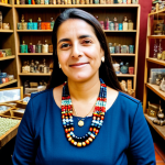 Spanish Woman with Higa Amulet**

A professional Spanish woman, fully clothed in modest attire, wearing a traditional Higa amulet necklace. She is in a brightly lit artisan shop filled with handcrafted jewelry and amulets. The background shows shelves stacked with colorful beads, stones, and religious artifacts. Safe for work, appropriate content, perfect anatomy, natural pose, professional photography, high quality, family-friendly.

**