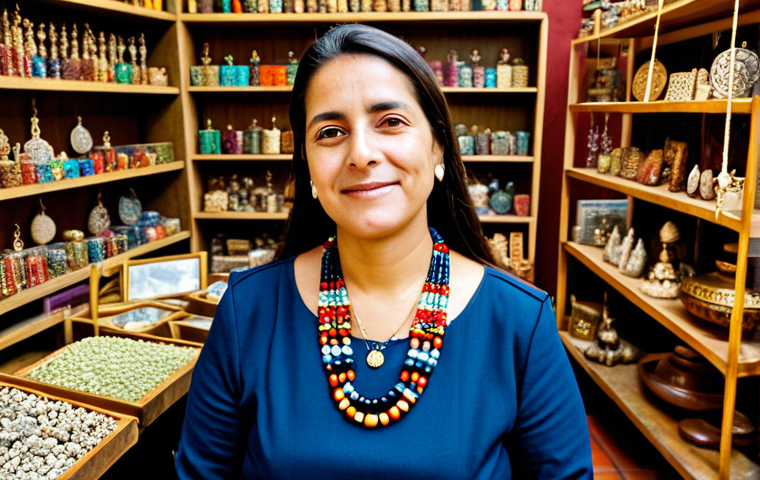 Spanish Woman with Higa Amulet**

A professional Spanish woman, fully clothed in modest attire, wearing a traditional Higa amulet necklace. She is in a brightly lit artisan shop filled with handcrafted jewelry and amulets. The background shows shelves stacked with colorful beads, stones, and religious artifacts. Safe for work, appropriate content, perfect anatomy, natural pose, professional photography, high quality, family-friendly.

**