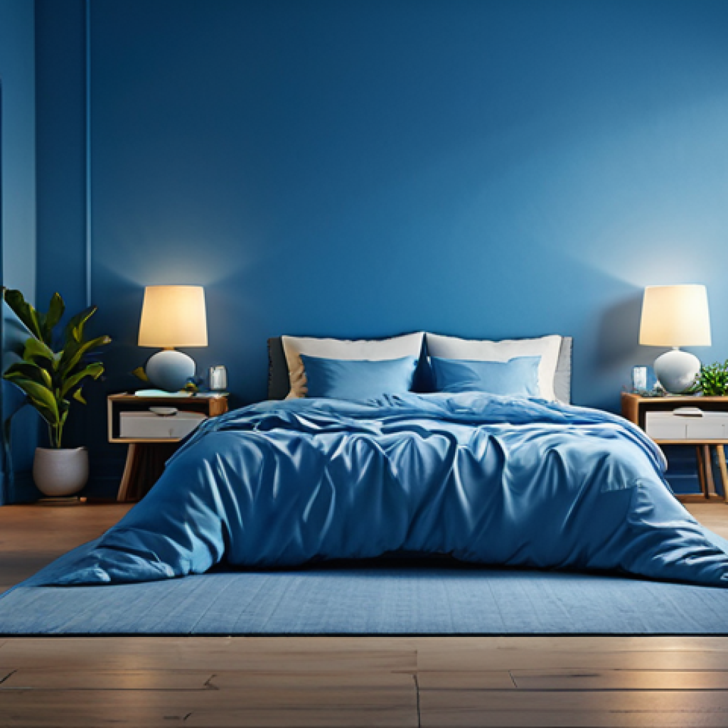 Calming Blue Room**

"A serene bedroom painted in shades of blue, featuring soft lighting, a comfortable bed with modest covers, and various calming objects like candles and plants. The room should evoke a sense of peace and tranquility.  Perfect anatomy, natural proportions, fully clothed, appropriate content, safe for work, professional photography, high quality."

**