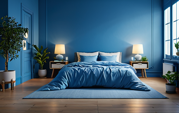 Calming Blue Room**

"A serene bedroom painted in shades of blue, featuring soft lighting, a comfortable bed with modest covers, and various calming objects like candles and plants. The room should evoke a sense of peace and tranquility.  Perfect anatomy, natural proportions, fully clothed, appropriate content, safe for work, professional photography, high quality."

**