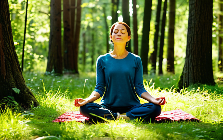 무속과 스트레스 해소 - **

"A serene woman in her late 30s, fully clothed in modest, comfortable clothing, meditating in a ...