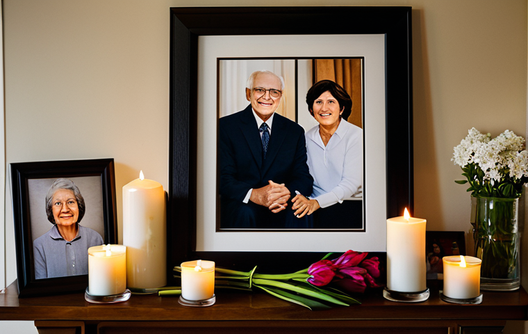 무속에서 조상 제사 - Family Altar**
"A cozy family altar in a living room, featuring framed photos of grandparents, lit ...