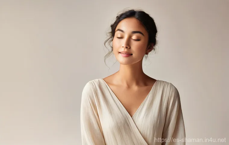 무속 굿 효과 - **Prompt:** A serene and radiant woman, appearing to be in her late 20s to early 30s, stands gently,...