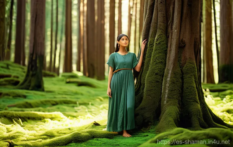 무속 신앙과 에너지 치유 - **Prompt:** A serene young woman, dressed in loose, earthy-toned natural fabrics, stands barefoot on...
