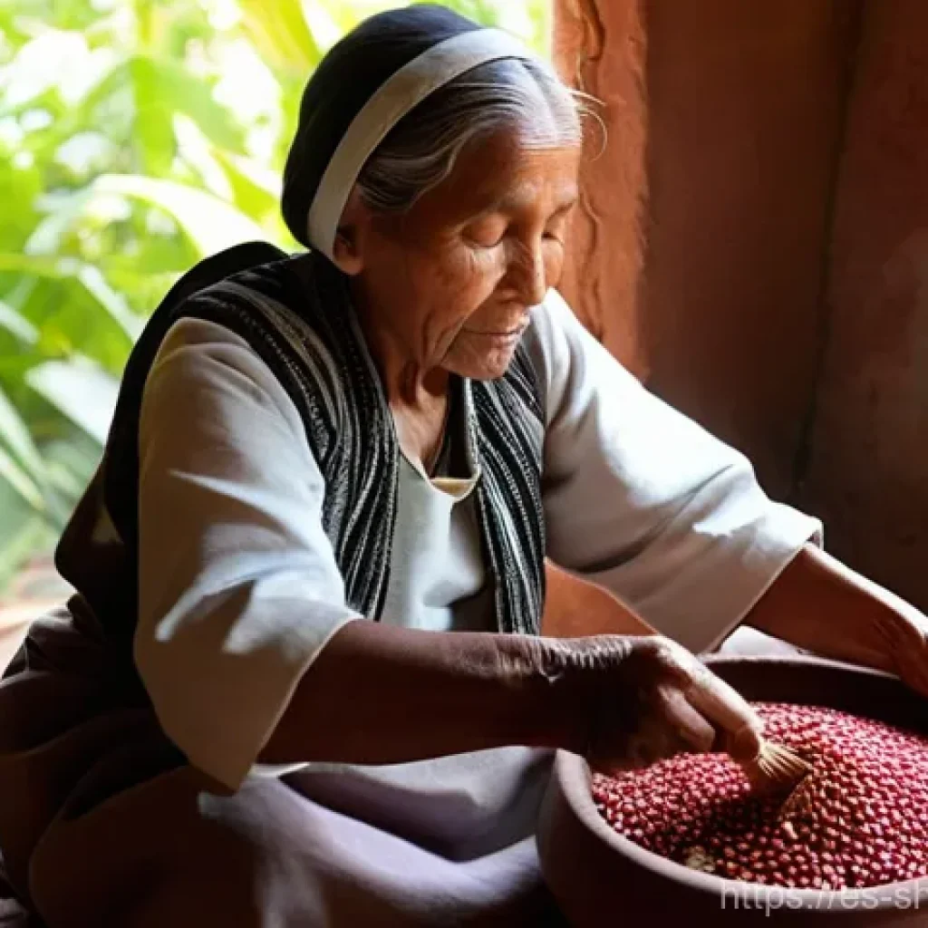 무속 의식에서 사용되는 음식 - **Sacred Preparation of Offerings:** A serene, elderly indigenous woman with a gentle, focused expre...
