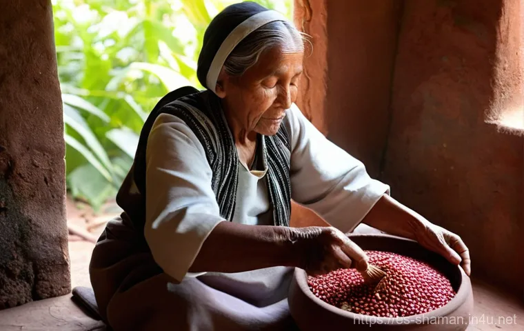 무속 의식에서 사용되는 음식 - **Sacred Preparation of Offerings:** A serene, elderly indigenous woman with a gentle, focused expre...