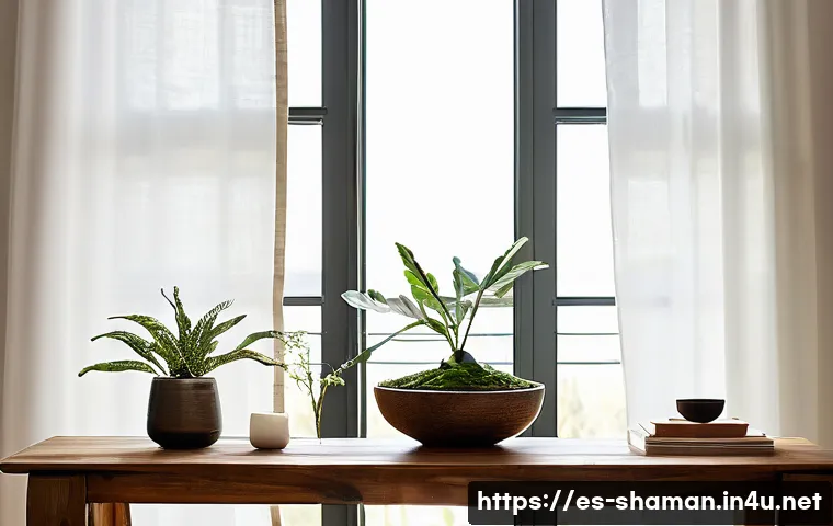 무속에서 재앙을 피하는 법 - **Prompt: A tranquil and minimalist living room bathed in warm, natural sunlight streaming through l...