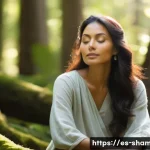 무속인의 성공 사례 - A serene and introspective woman in her late 30s, of diverse ethnicity, is depicted in a peaceful, s...