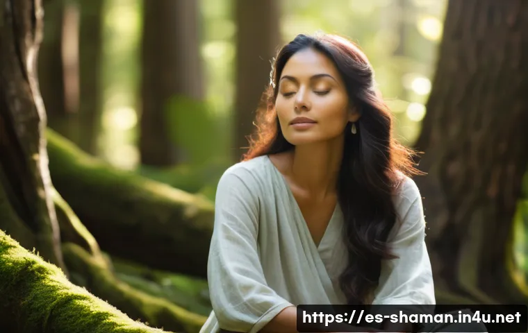 무속인의 성공 사례 - A serene and introspective woman in her late 30s, of diverse ethnicity, is depicted in a peaceful, s...