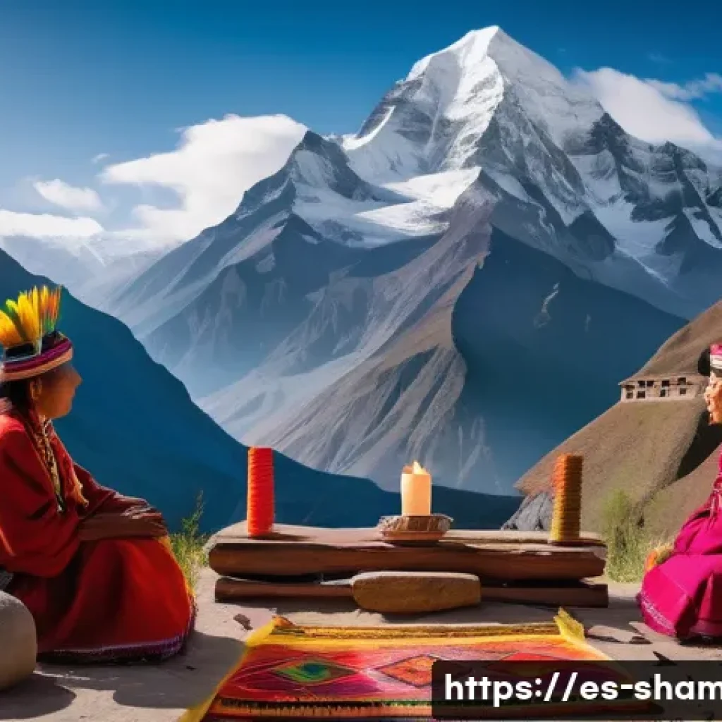 무속 신당의 구조와 역할 - A vibrant Andean sacred space at sunrise, featuring a traditional indigenous altar made of natural s...