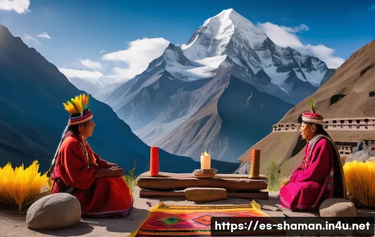 무속 신당의 구조와 역할 - A vibrant Andean sacred space at sunrise, featuring a traditional indigenous altar made of natural s...