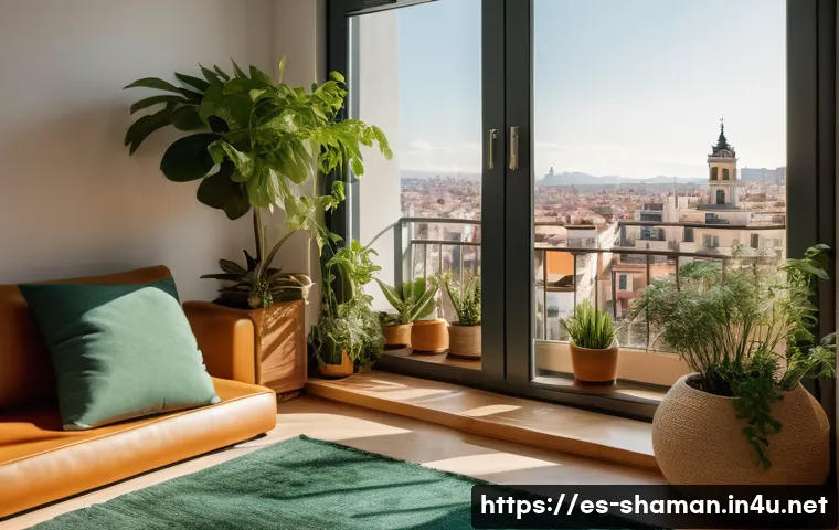 무속과 도시 생활의 조화 - A serene urban apartment corner transformed into a personal sacred space for spiritual practice, fea...