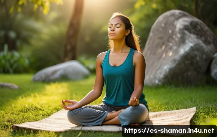 무속 신 내림 부작용 - A serene spiritual practitioner meditating outdoors at sunrise, surrounded by lush green nature and ...