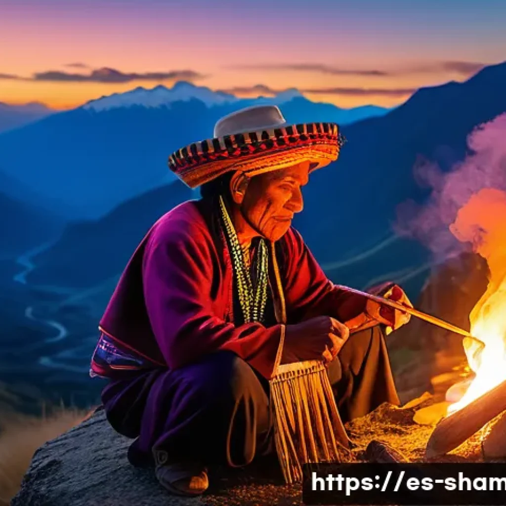 무속 의식과 빙의 치료 - A detailed scene of an Andean shaman performing a spiritual healing ritual at dusk on a mountain pla...