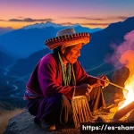 무속 의식과 빙의 치료 - A detailed scene of an Andean shaman performing a spiritual healing ritual at dusk on a mountain pla...