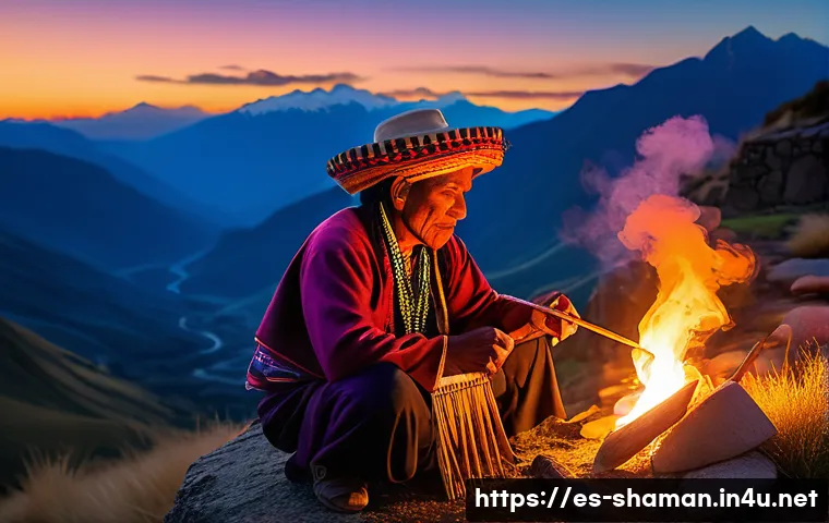 무속 의식과 빙의 치료 - A detailed scene of an Andean shaman performing a spiritual healing ritual at dusk on a mountain pla...