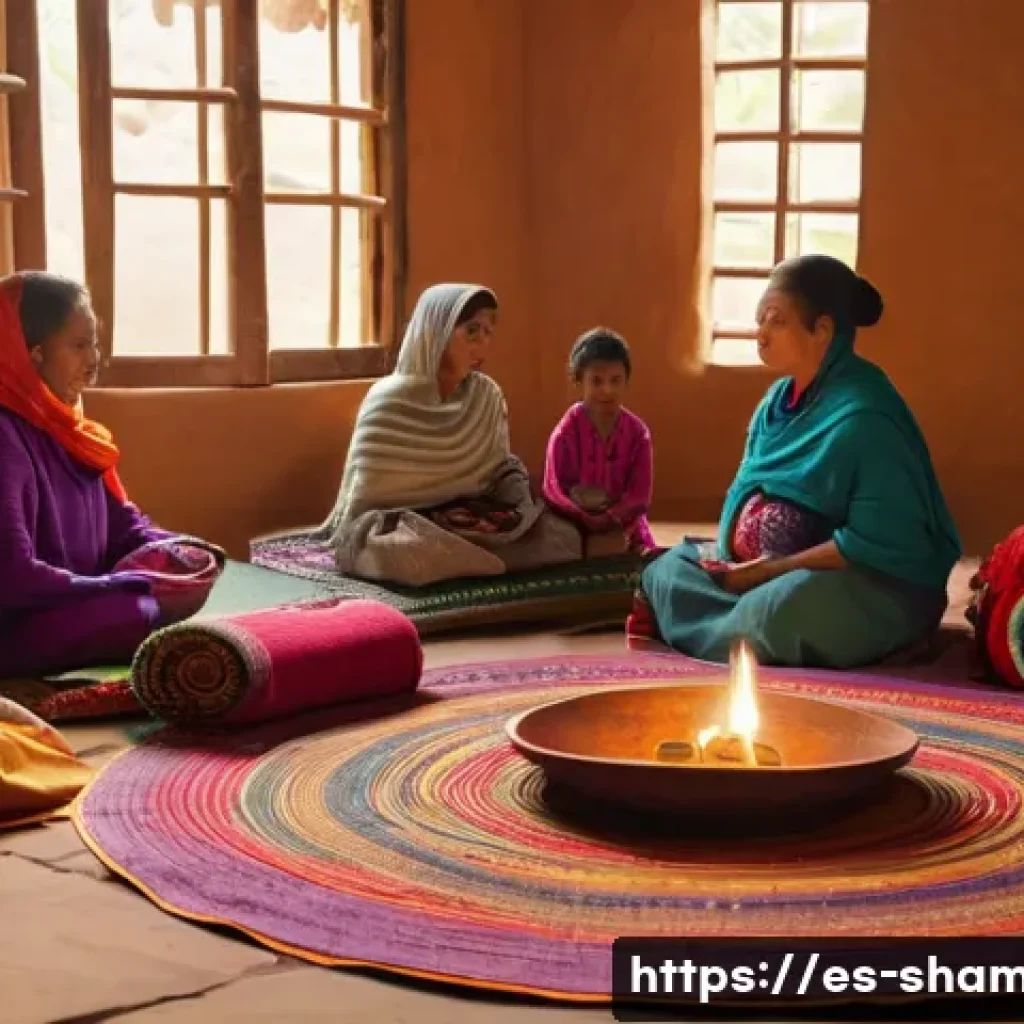 무속과 출산 의식 - A serene home birth setting in a traditional Latin American community, featuring a softly lit room d...