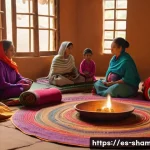 무속과 출산 의식 - A serene home birth setting in a traditional Latin American community, featuring a softly lit room d...