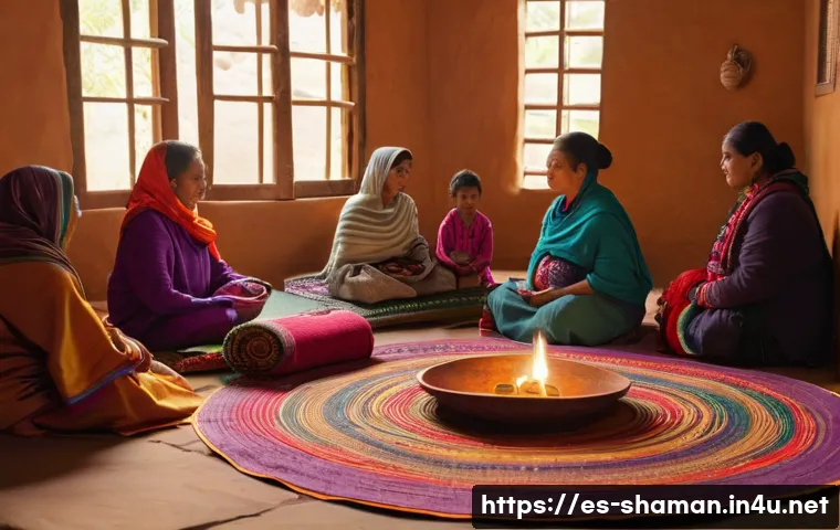 무속과 출산 의식 - A serene home birth setting in a traditional Latin American community, featuring a softly lit room d...