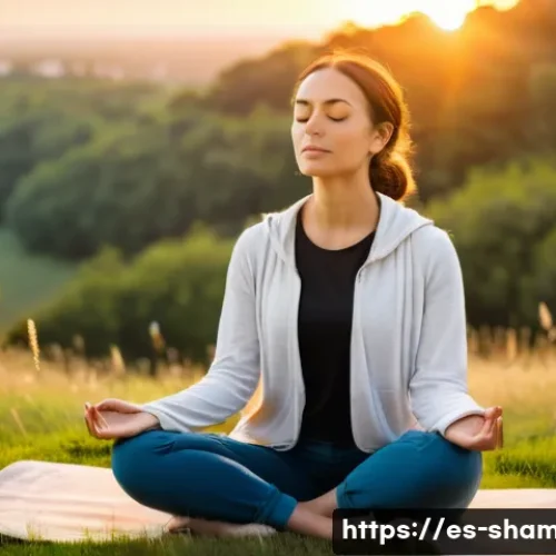 무속 신 내림 증상 - A serene young adult woman sitting cross-legged on a grassy hill at sunset, eyes closed in meditatio...