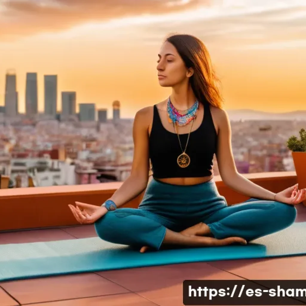무속의 현대적 의미 - A serene urban rooftop meditation scene at sunset, featuring a young Spanish woman wearing comfortab...