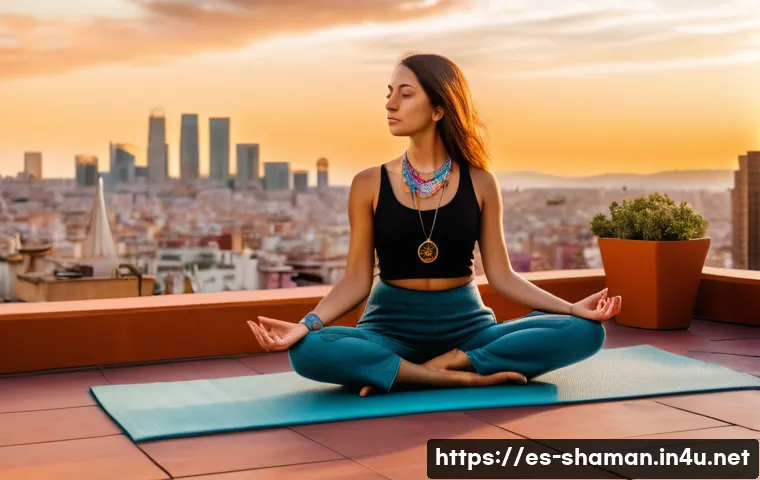무속의 현대적 의미 - A serene urban rooftop meditation scene at sunset, featuring a young Spanish woman wearing comfortab...