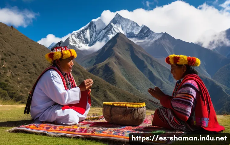 무속 신앙의 민속적 의미 - A vibrant Andean ceremony honoring Pachamama set in a mountainous landscape during golden hour. Indi...