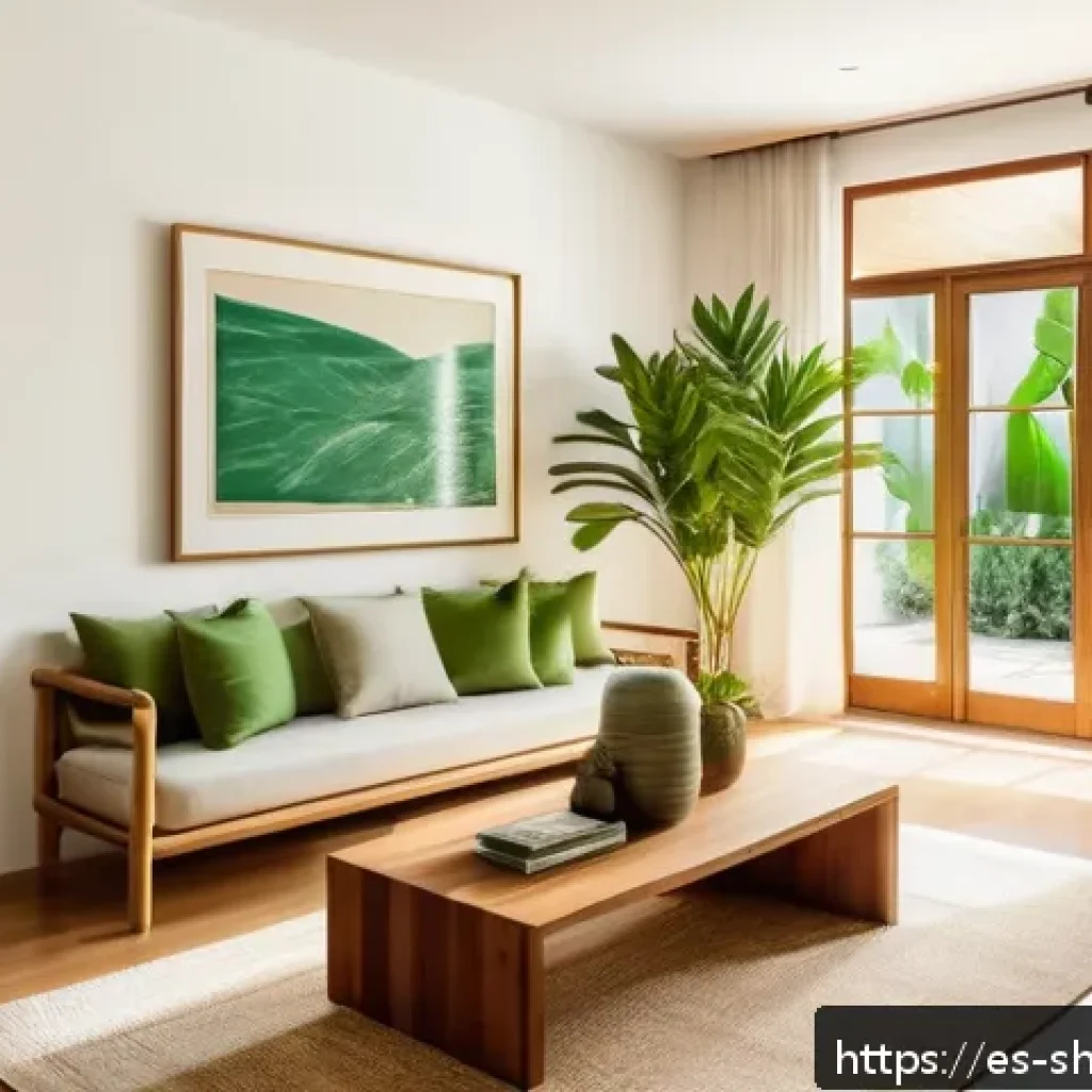 무속에서 재물운을 올리는 법 - A bright and serene living room in a modern Hispanic home, featuring neatly organized wooden shelves...