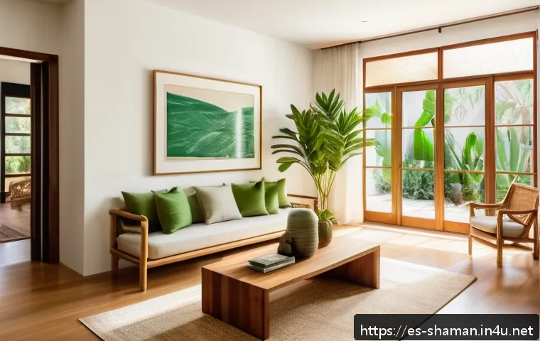 무속에서 재물운을 올리는 법 - A bright and serene living room in a modern Hispanic home, featuring neatly organized wooden shelves...