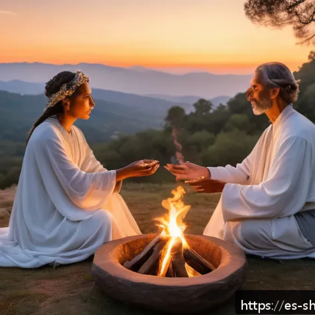 무속과 빙의 치료 후기 - A serene spiritual healing ceremony set outdoors at dusk in a lush forest clearing in Spain, featuri...