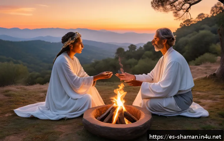 무속과 빙의 치료 후기 - A serene spiritual healing ceremony set outdoors at dusk in a lush forest clearing in Spain, featuri...