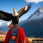 무속 신화와 전설 - A vibrant Andean mountain landscape at sunrise, featuring majestic snow-capped peaks and a soaring c...