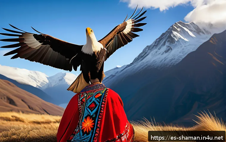 무속 신화와 전설 - A vibrant Andean mountain landscape at sunrise, featuring majestic snow-capped peaks and a soaring c...